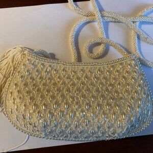 Vintage hand beaded pearl evening bag, long beaded cord, beautiful white pearls
